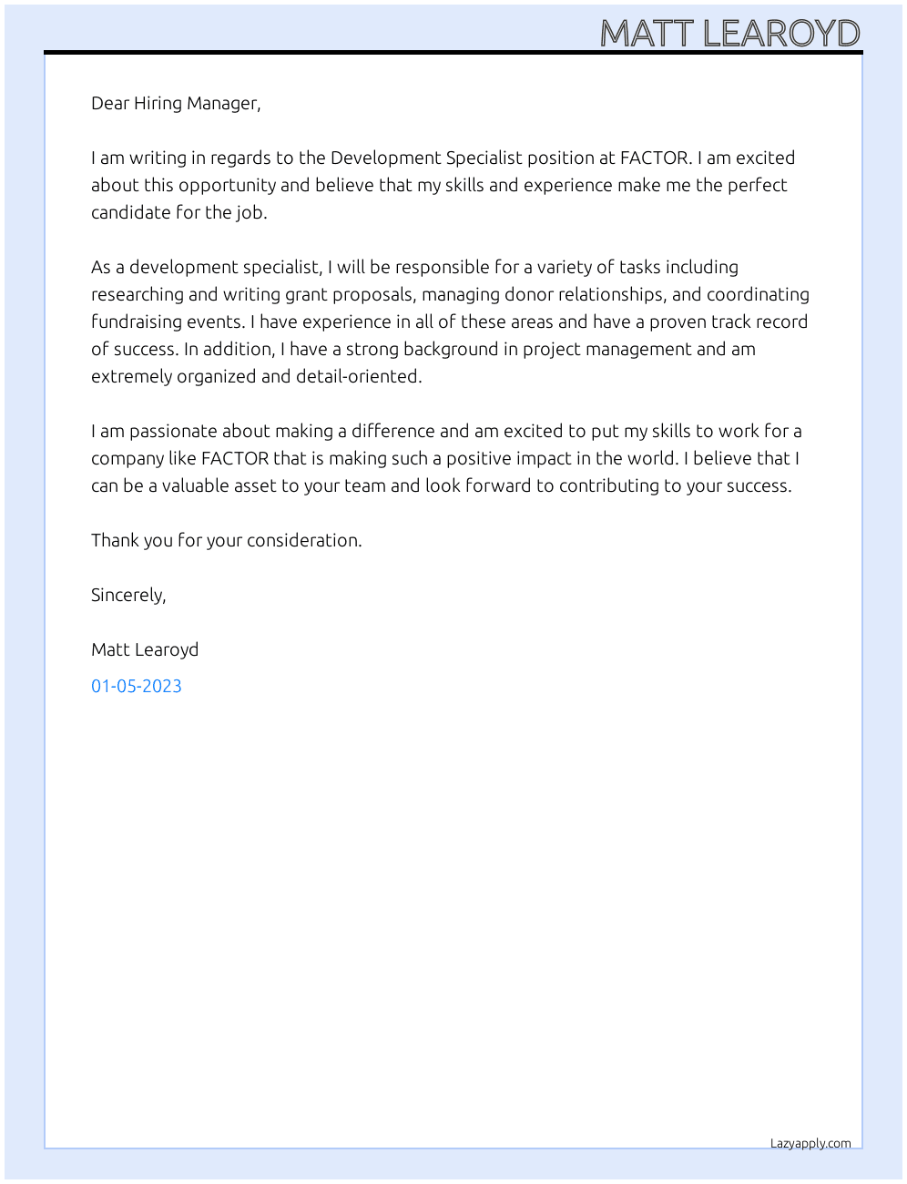 Development Specialist At FACTOR Cover Letter