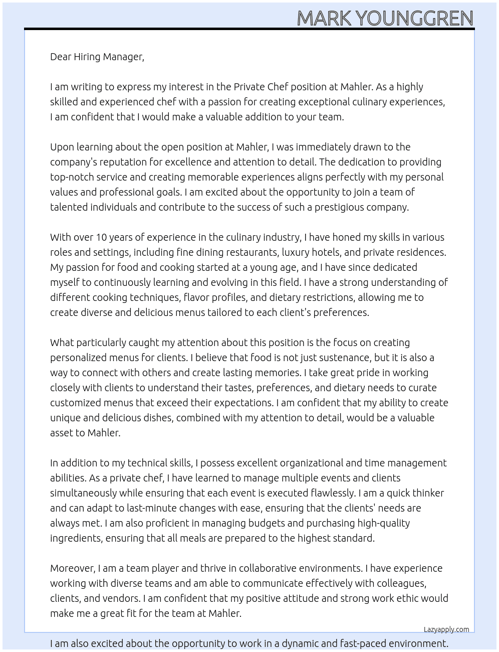 Private Chef At Mahler  Cover Letter