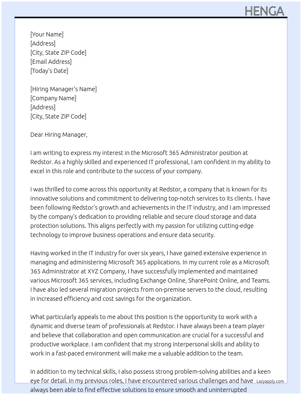 Microsoft 365 administrator At Redstor Cover Letter