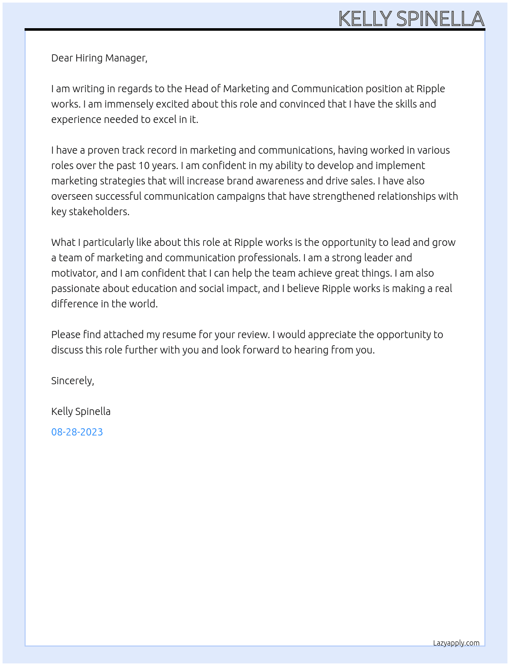 Head of Marketing and Communcation At Ripple works Cover Letter
