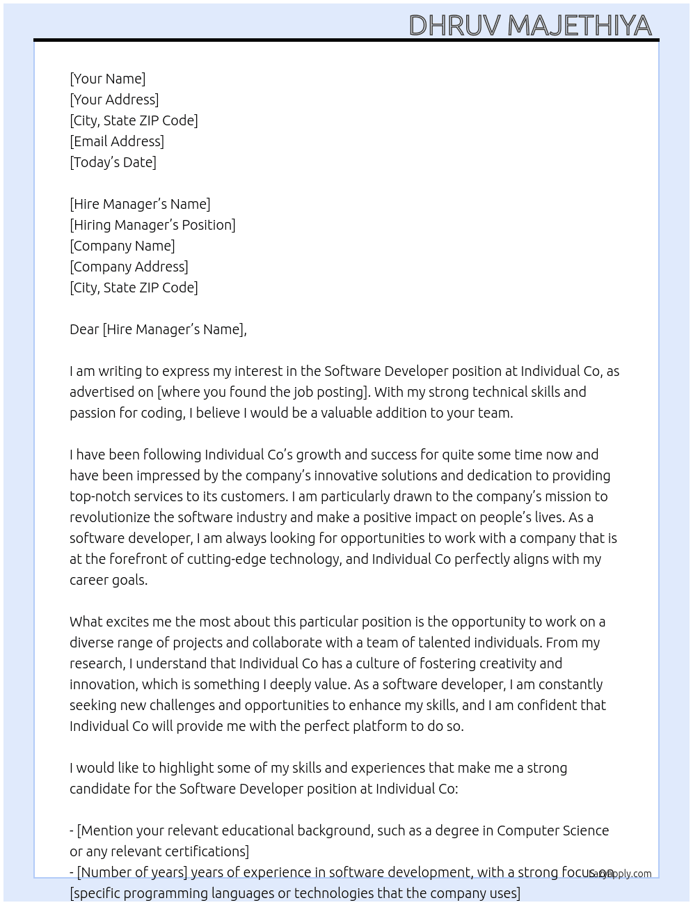 Software developer  At Individual co Cover Letter