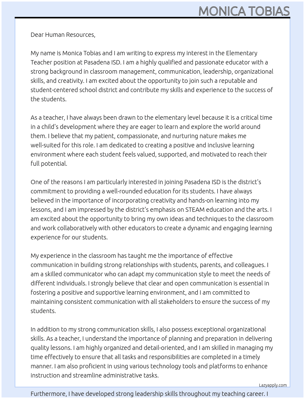 Elementary Teacher At Pasadena ISD Cover Letter