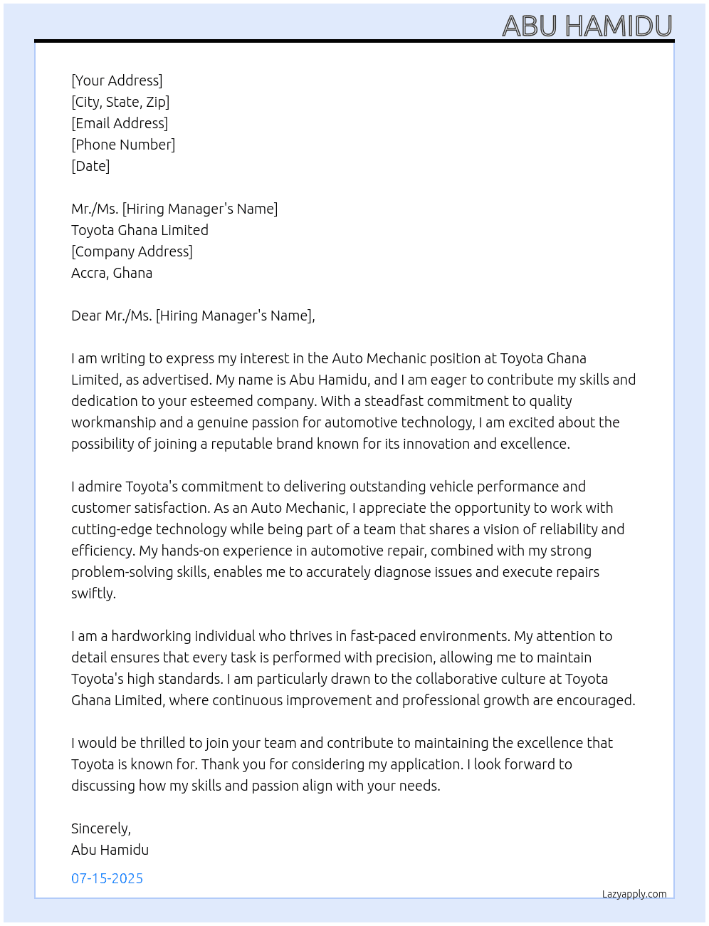 Auto Mehanic At TOYOTA GHANA LIMITED  Cover Letter