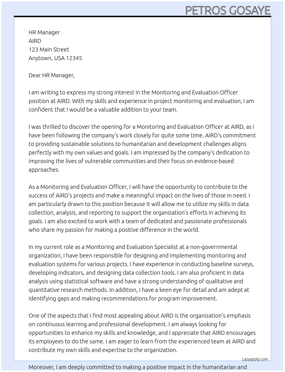 Monitoring and Evaluation officer At AIRD Cover Letter