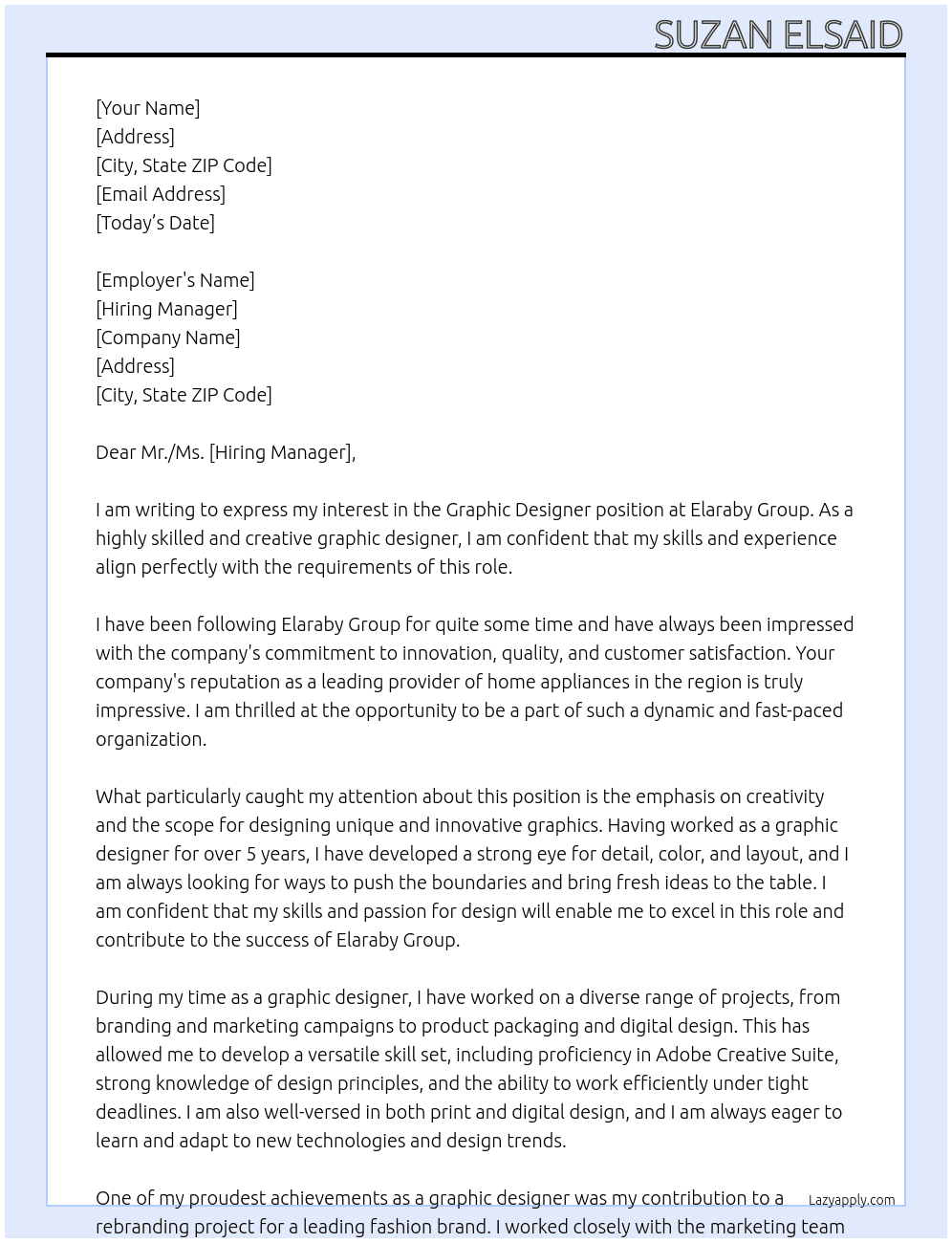 Graphic Designer At Elaraby Group Cover Letter