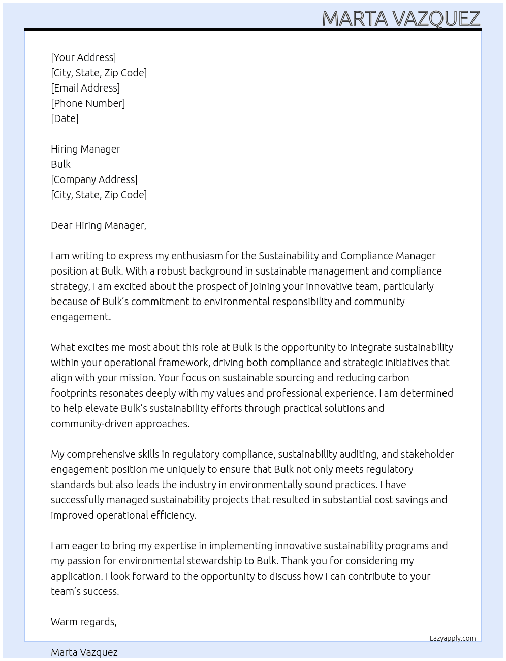 Sustainability and compliance manager At Bulk Cover Letter