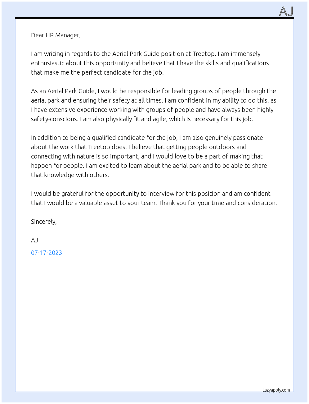 Aerial Park Guide At Treetop Cover Letter