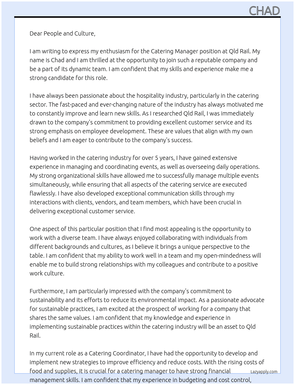 Catering manager At Qld Rail Cover Letter