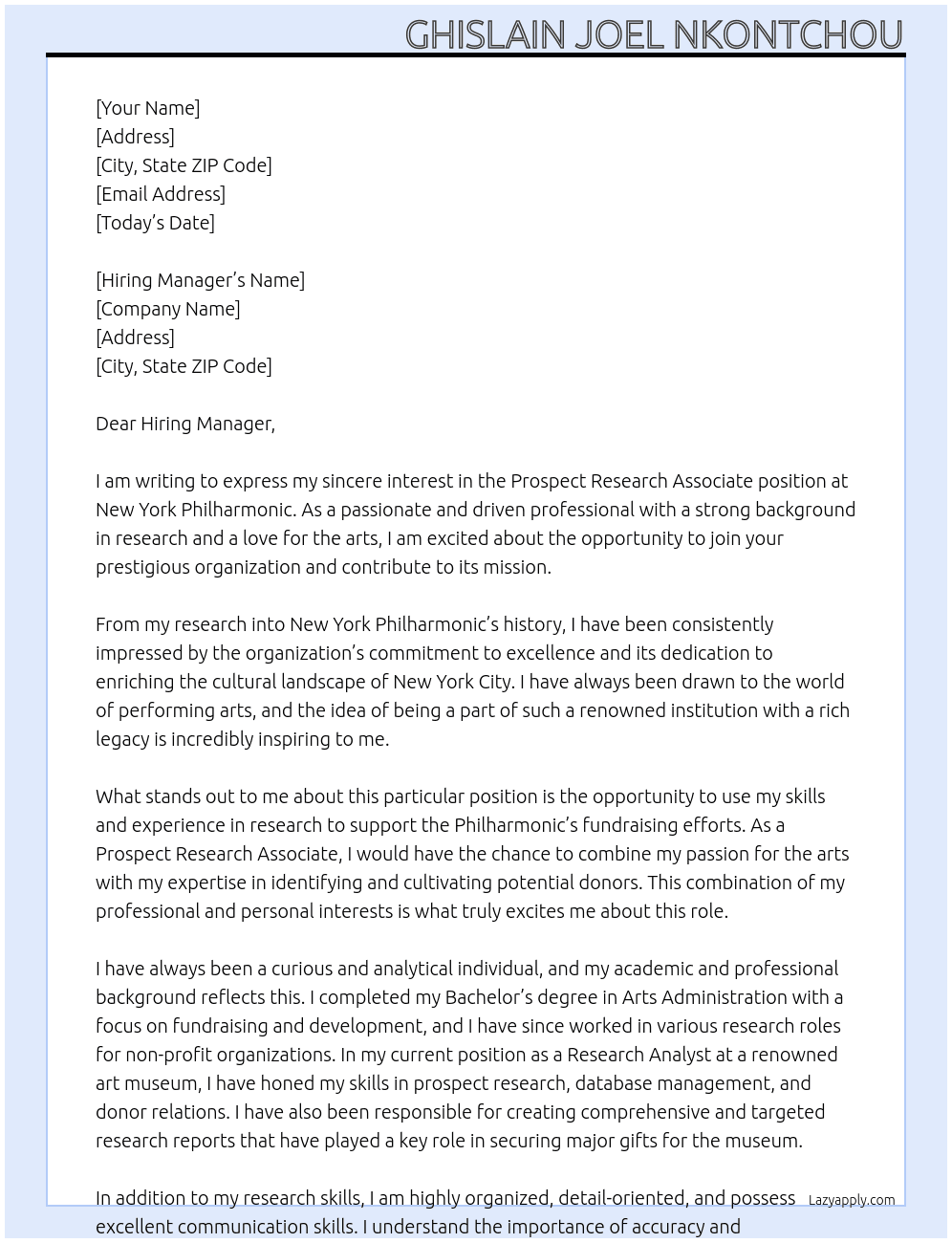Prospect Research Associate At New York Philharmonic Cover Letter