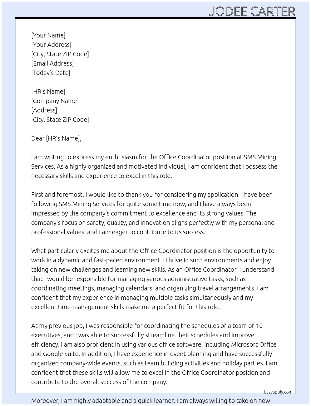 Office Coordinator At SMS Mining Services Cover Letter