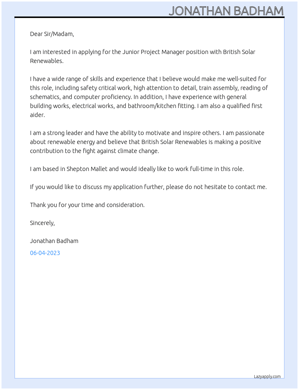 Junior Project Manager At British Solar Renewables Cover Letter