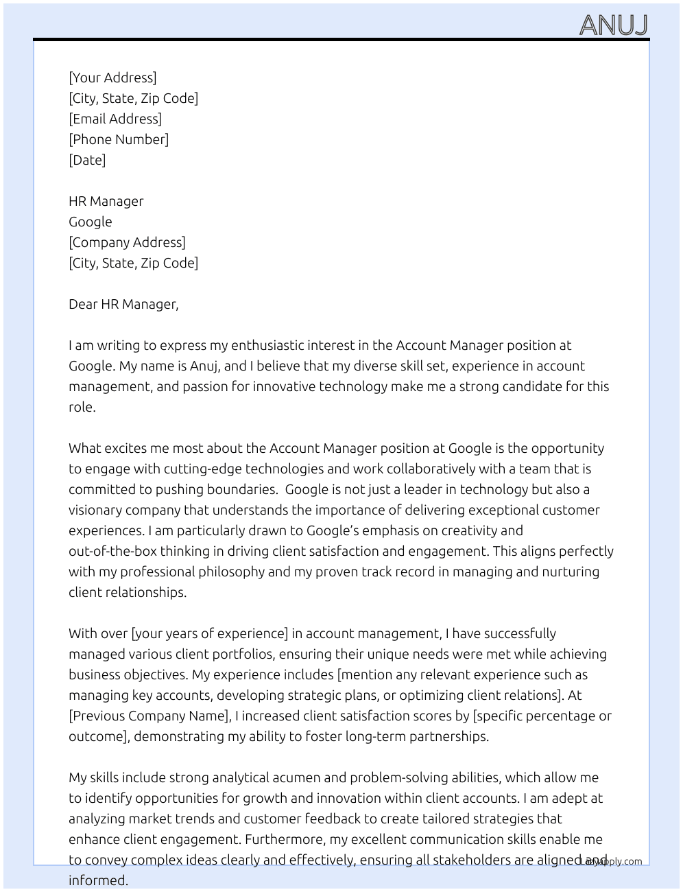 Account manager At Google Cover Letter