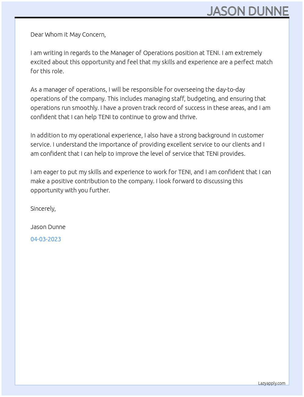 Manager of Operations At TENI Cover Letter
