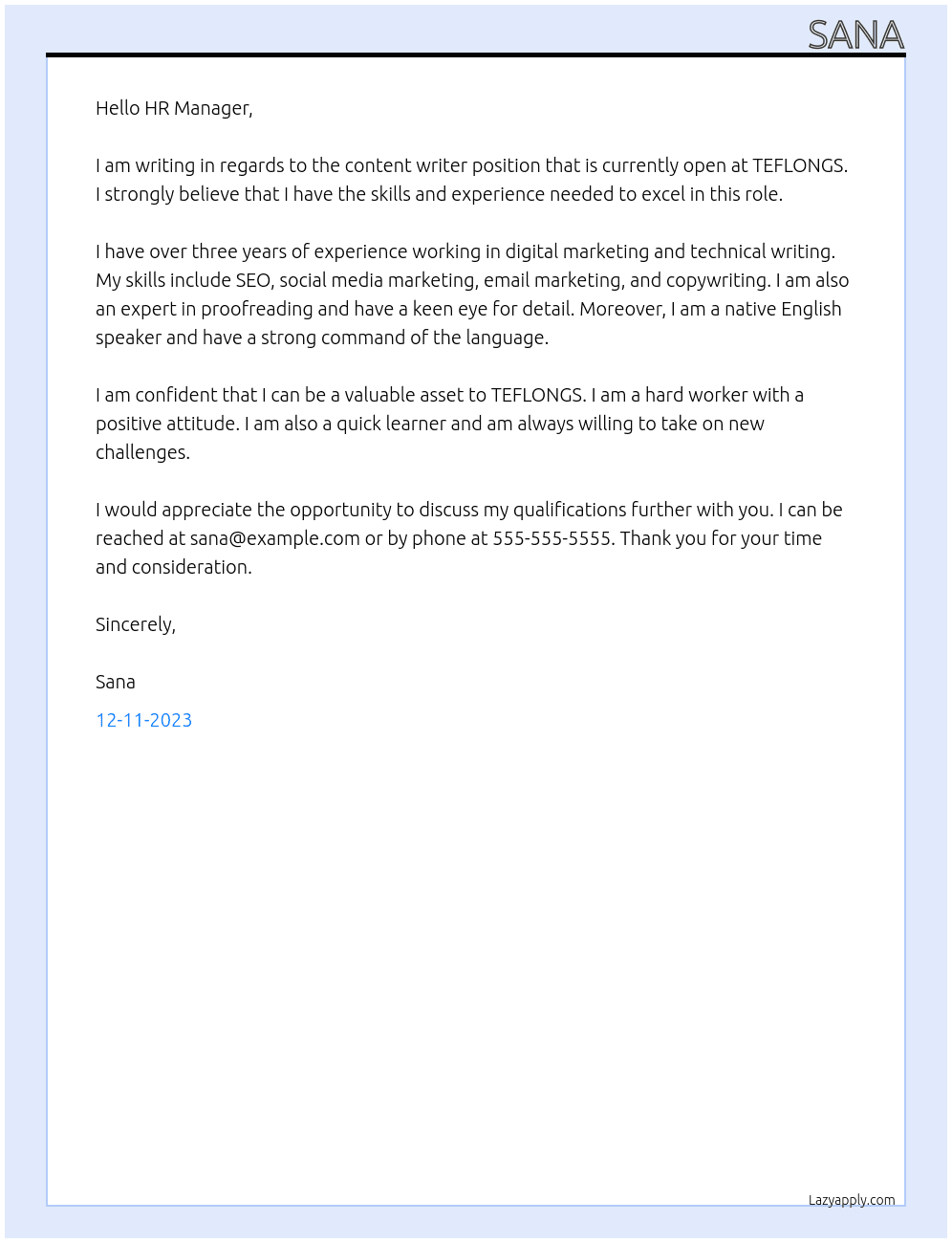 Content writer  At TEFLONGS Cover Letter