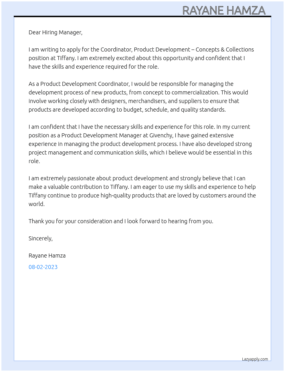 Coordinator, Product Development – Concepts & Collections At Tiffany  Cover Letter