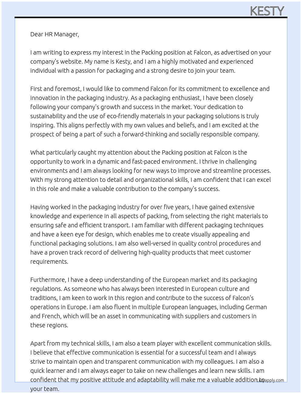 Packing  At Falcon Cover Letter