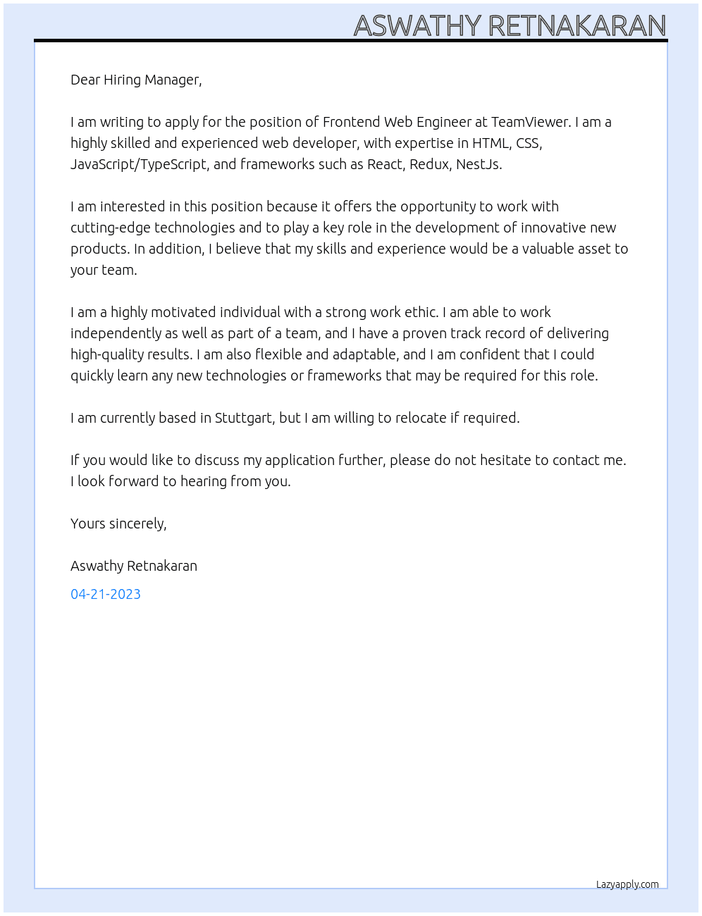 Frontend Web Engineer At TeamViewer Cover Letter