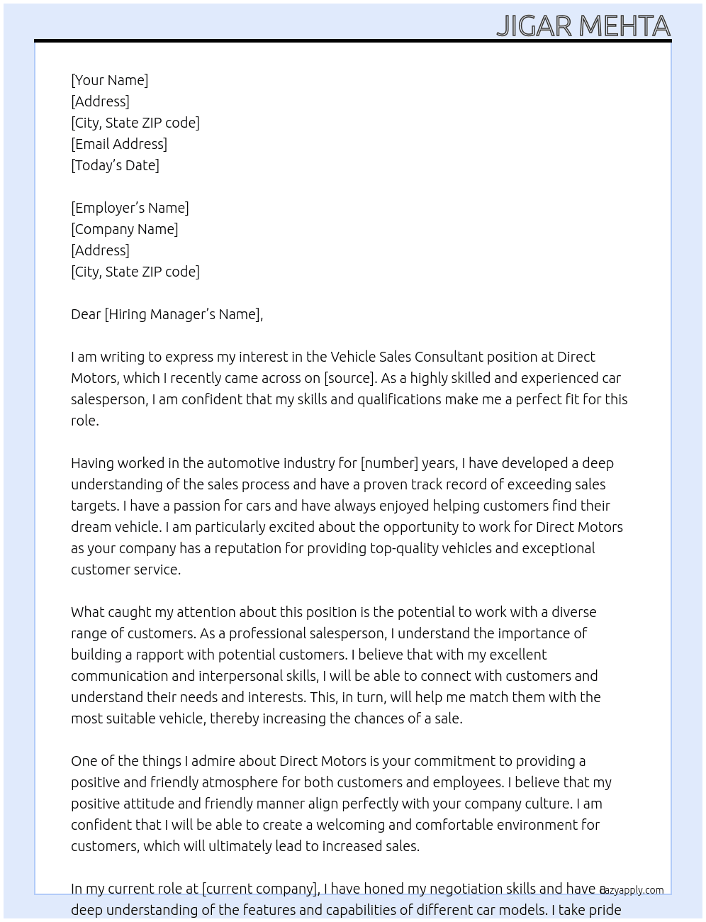 Vehicle Sales Consultant At Direct Motors Cover Letter