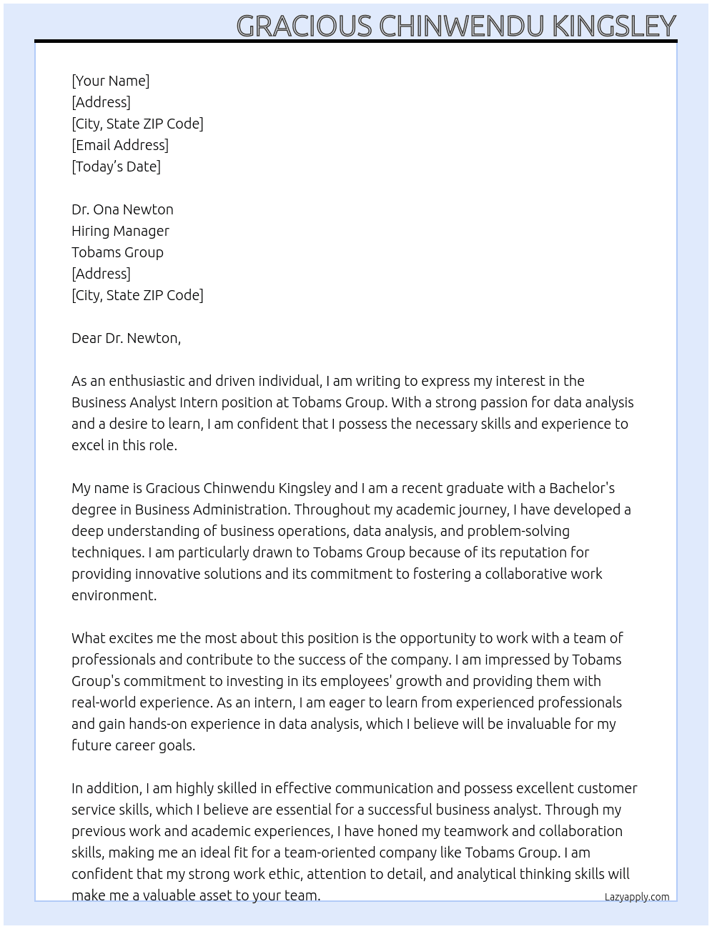 Business Analyst Intern At Tobams Group Cover Letter