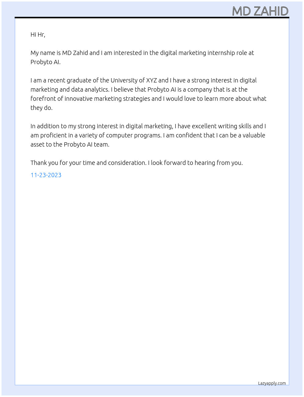 Digital Marketing  At Probyto AI Cover Letter