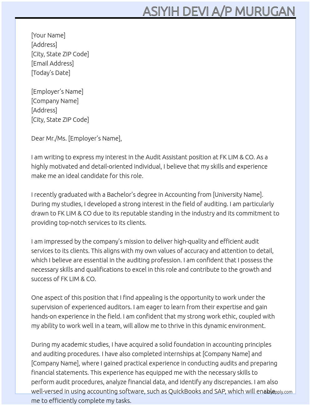 Audit assistant  At FK LIM &CO Cover Letter