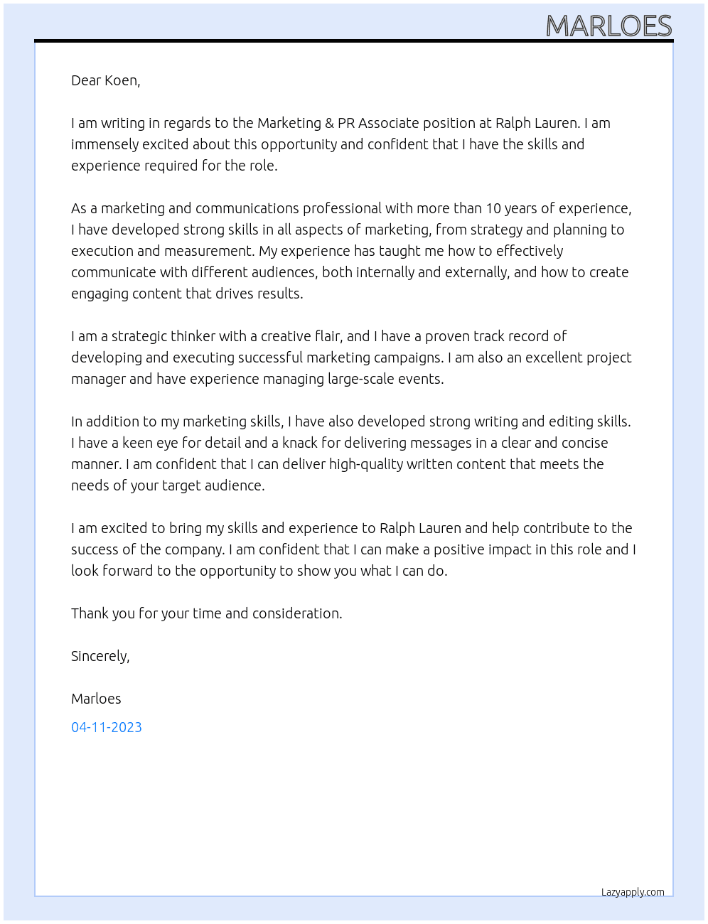 Marketing & PR Associate At Ralph Lauren Cover Letter