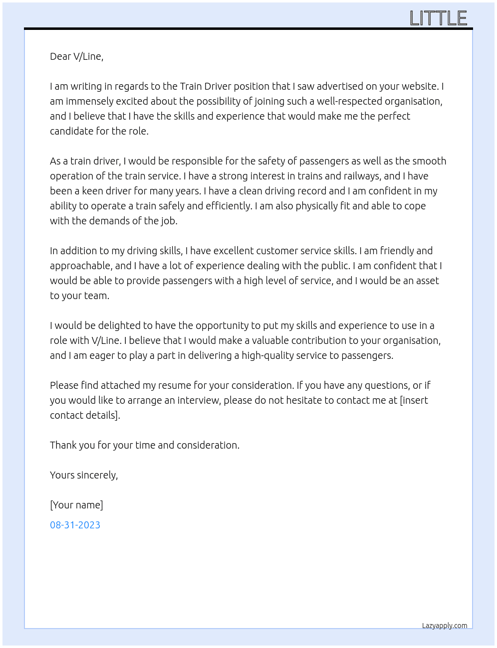 Train driver  At v/line Cover Letter