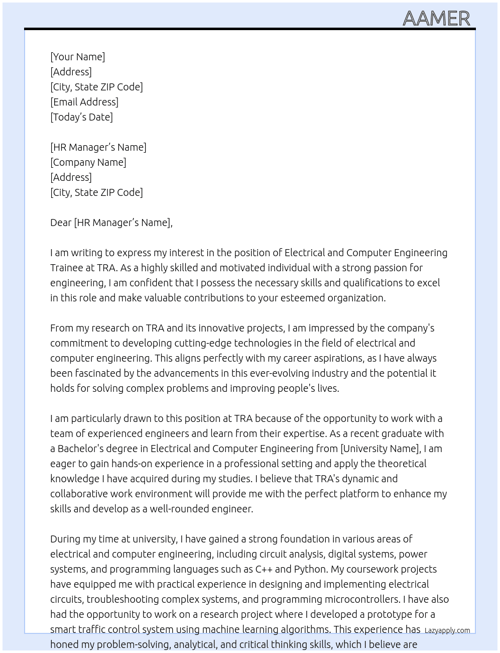 Electrical and computer Engineering trainee  At TRA Cover Letter
