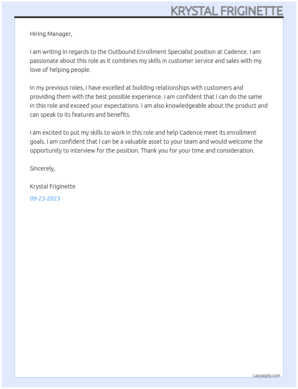 Outbound Enrollment Specialist At Cadence Cover Letter