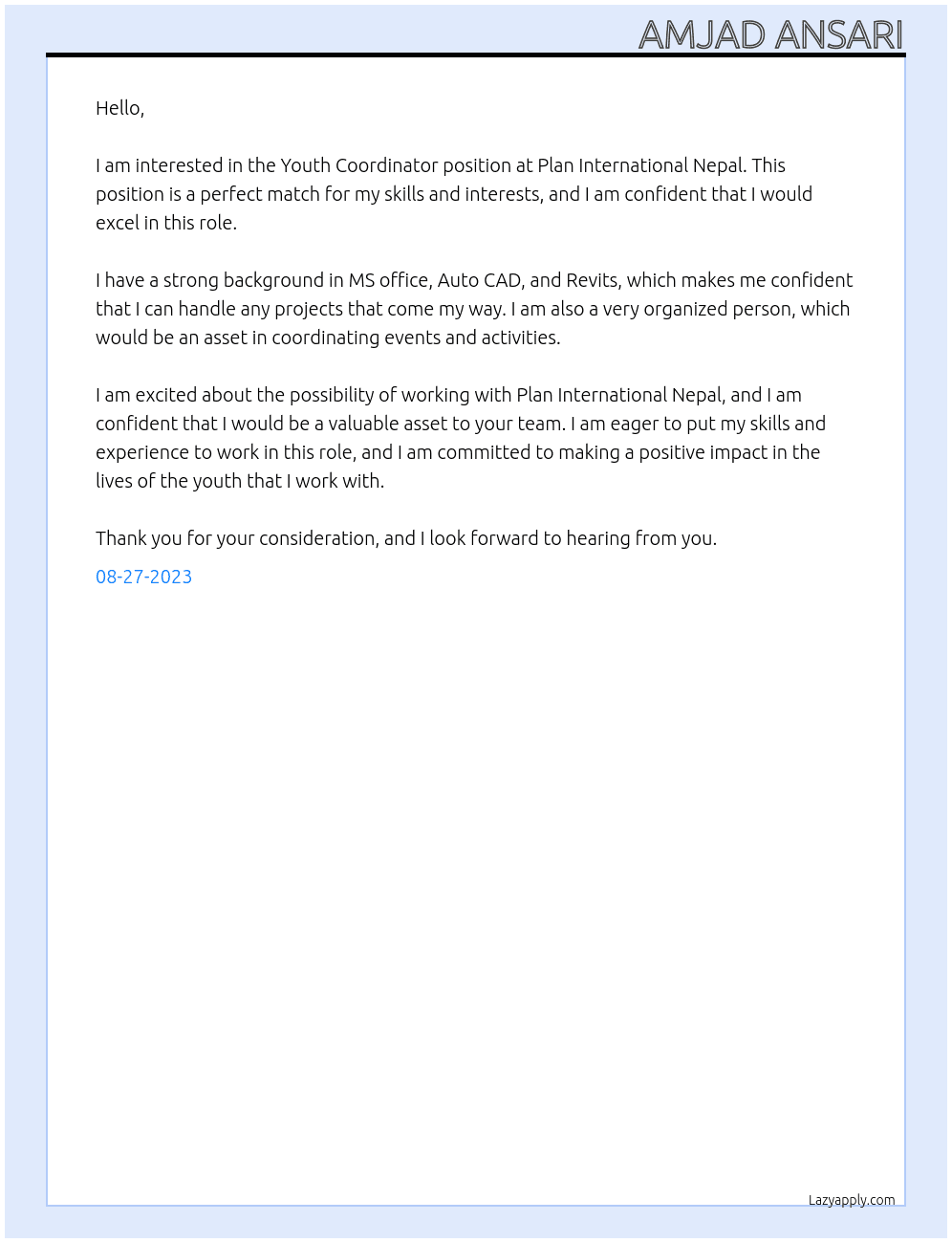 Youth coordinator At Plan international Nepal  Cover Letter