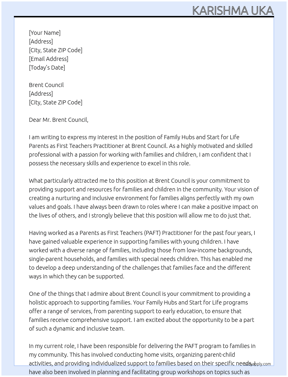 Family Hubs and Start for Life Parents as First Teachers Practitioner At Brent Council Cover Letter