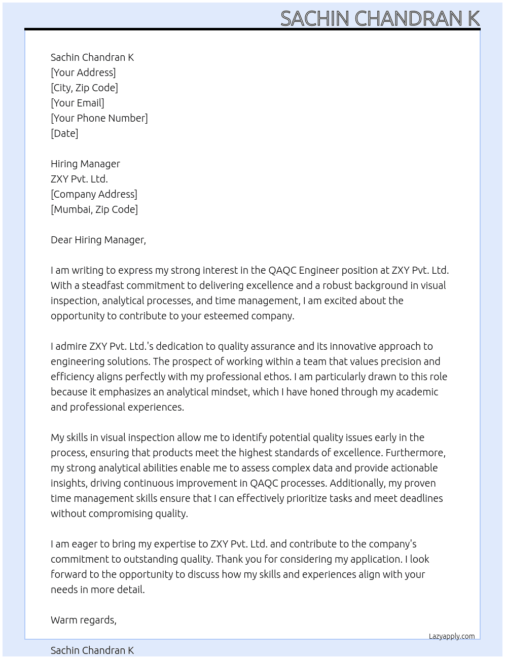 QAQC ENGINEER At ZXY PVT LTD Cover Letter
