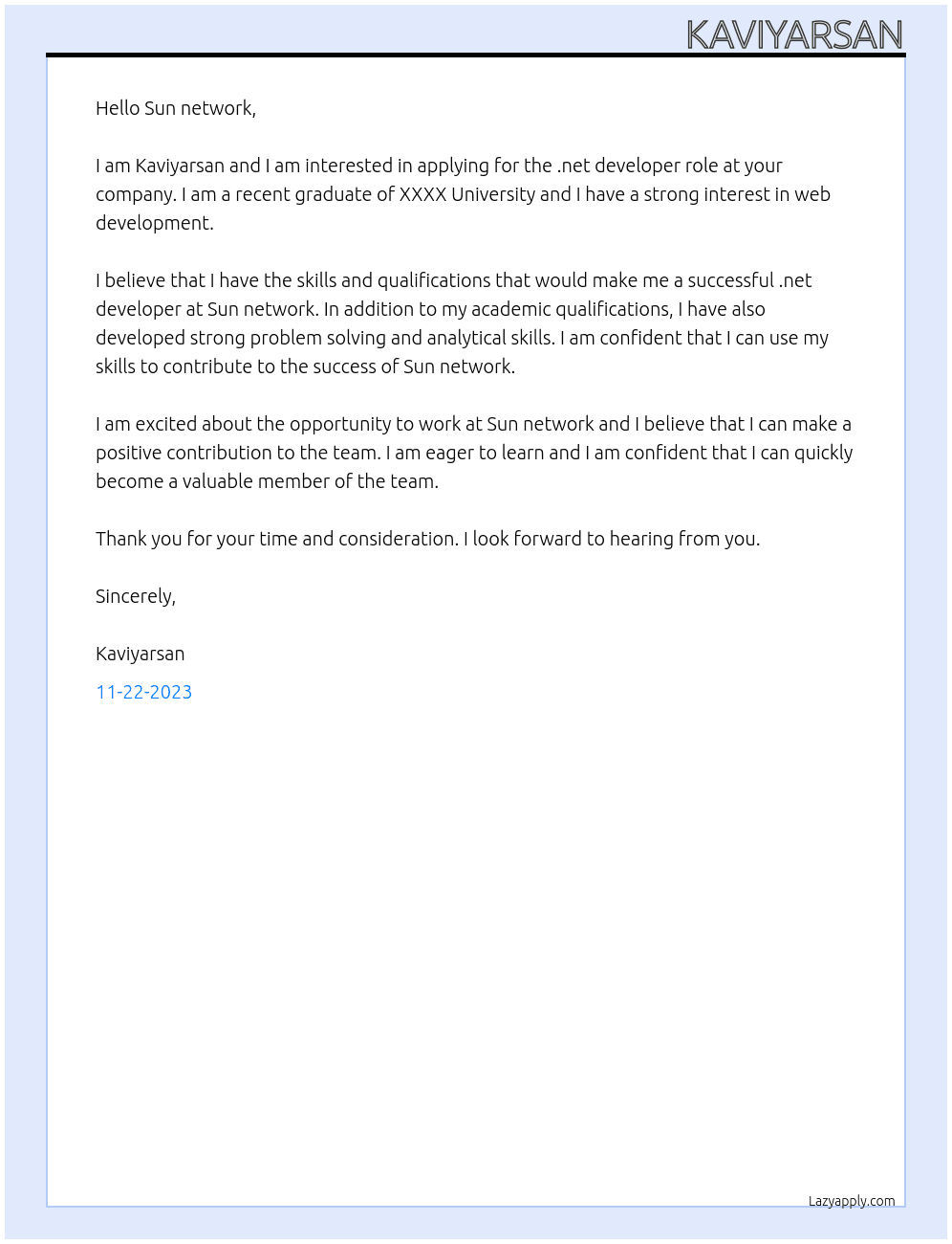.net developer  At Sun network Cover Letter