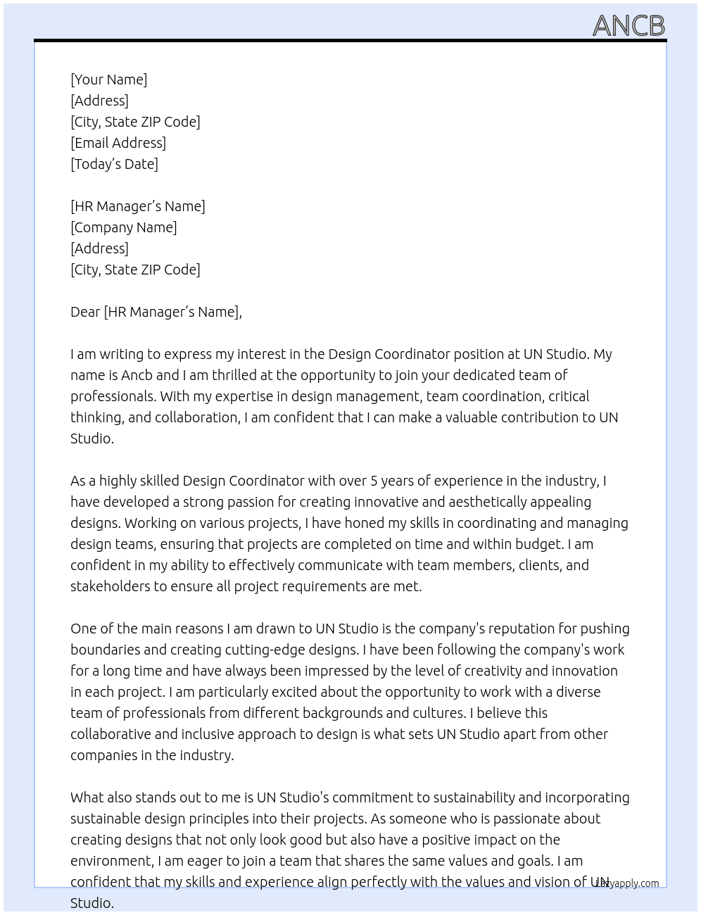 Design Coordinator  At UN Studio  Cover Letter