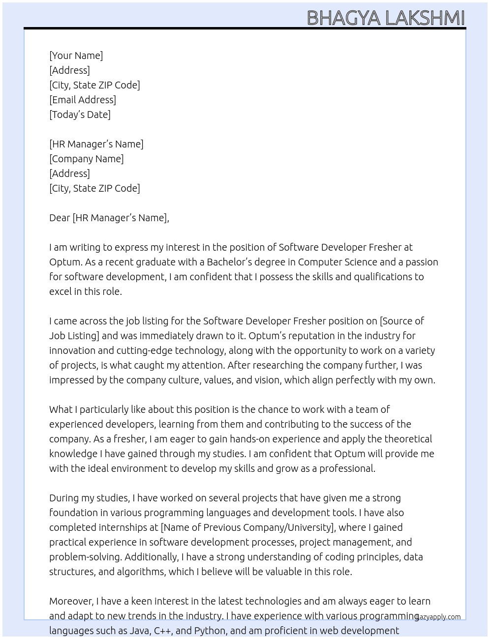 software developer fresher At optum Cover Letter