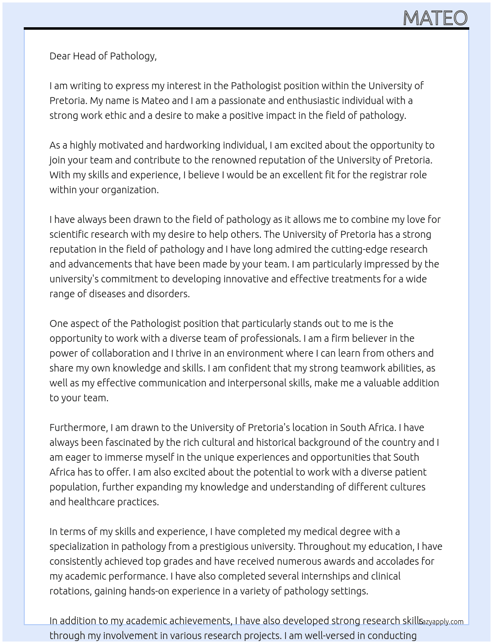 Pathologist At University of Pretoria Cover Letter
