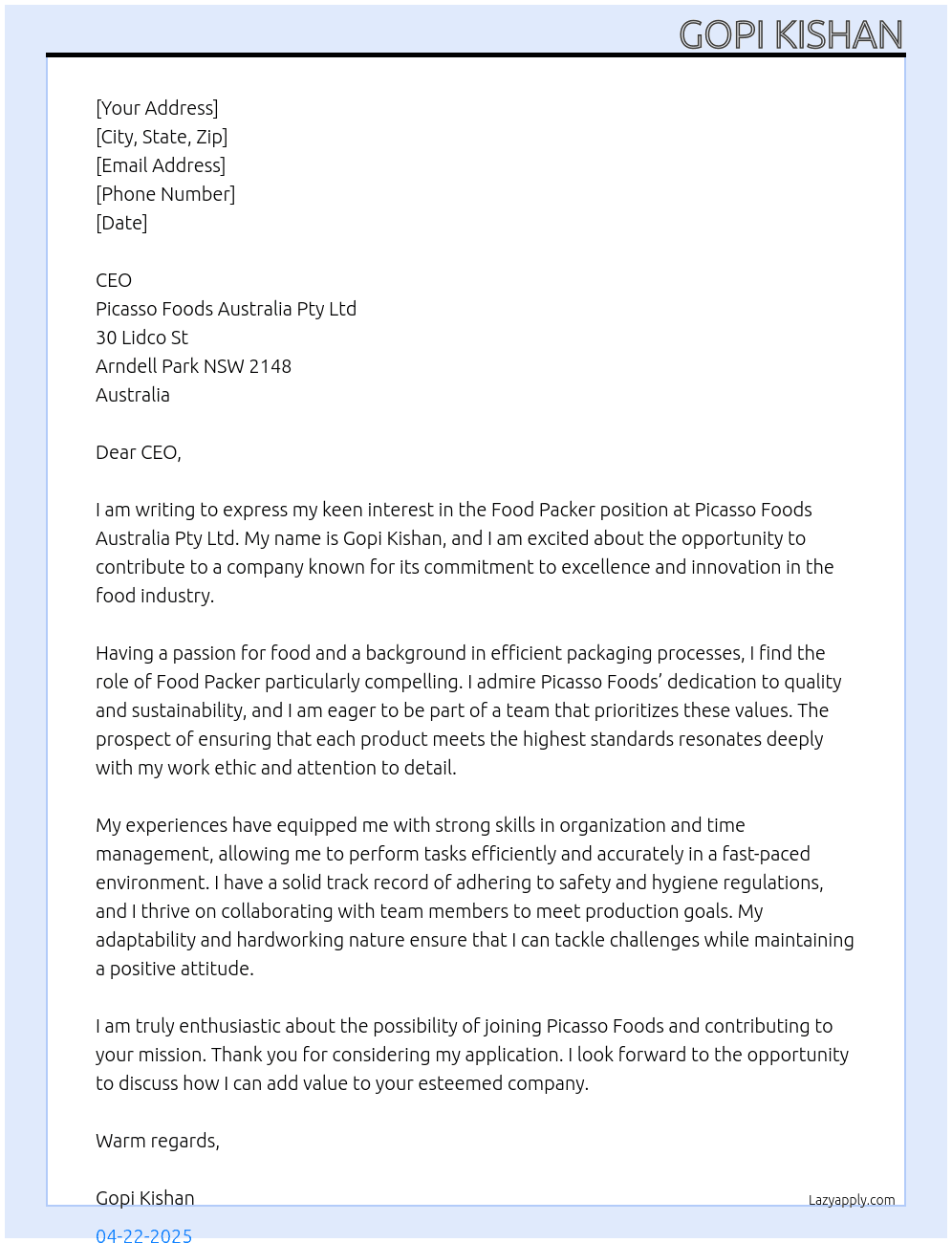 Food packar  At Picasso Foods Australia Pty Ltd Cover Letter