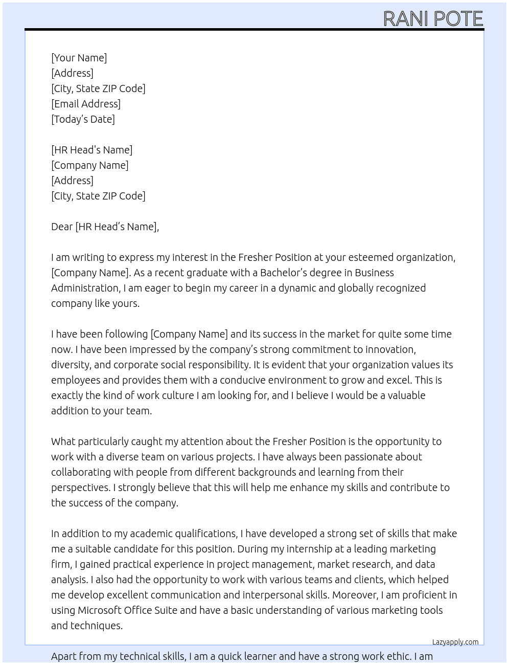 Fresher Position in MNC At MNC Cover Letter
