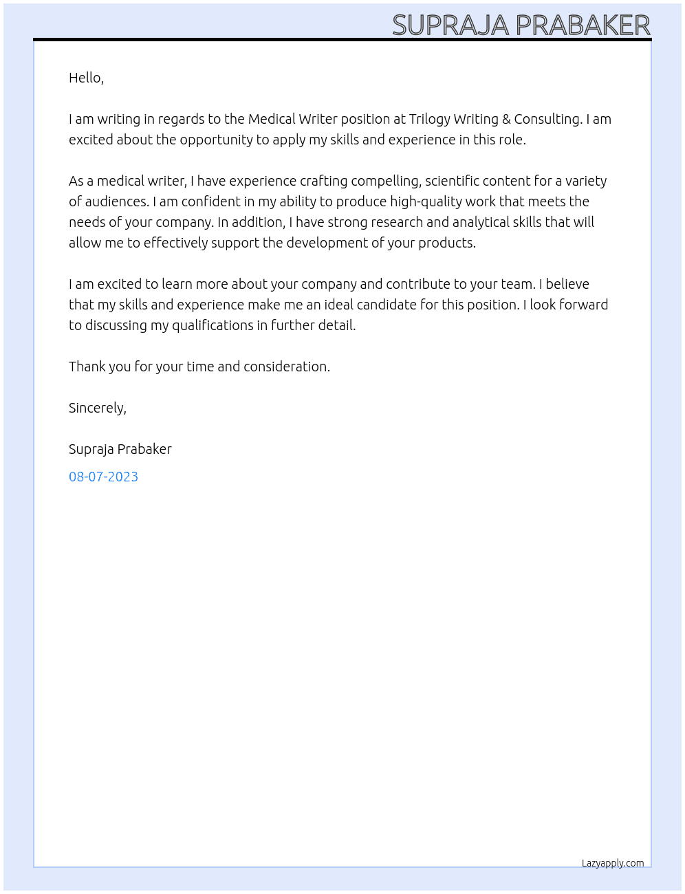 Medical Writer At Trilogy Writing & Consulting Cover Letter