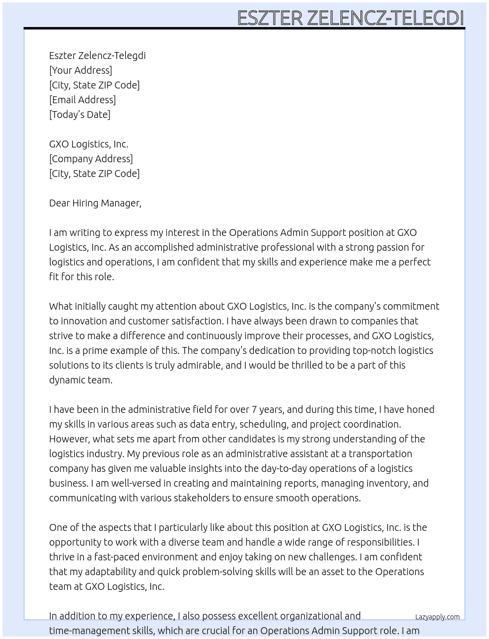 Operations Admin Support At GXO Logistics, Inc.  Cover Letter