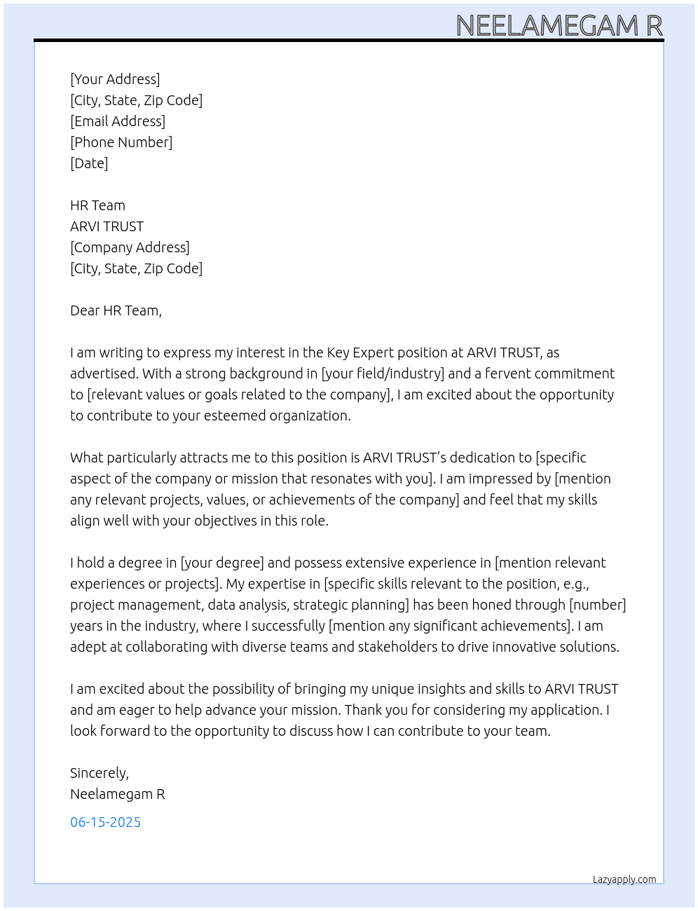 Key Expert  At ARVI TRUST  Cover Letter