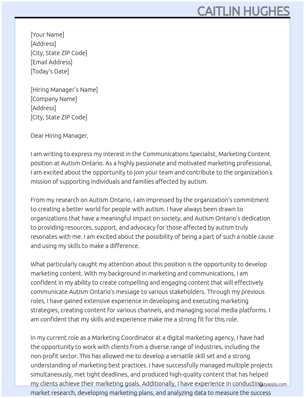 Communications Specialist, Marketing Content At Autism Ontario Cover Letter