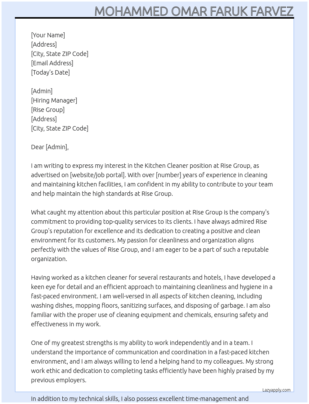 Kitchen cleaner  At Rise group Cover Letter