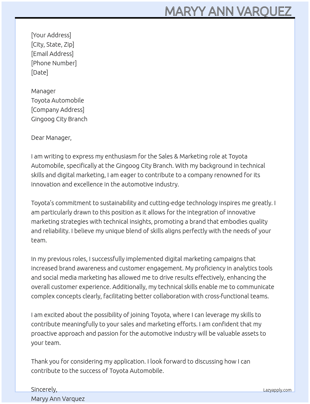 Sales & Marketing  At Toyota Automobile  Cover Letter