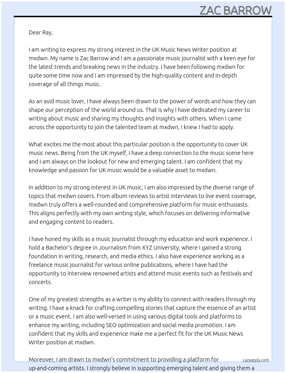 UK Music News Writer At mxdwn Cover Letter