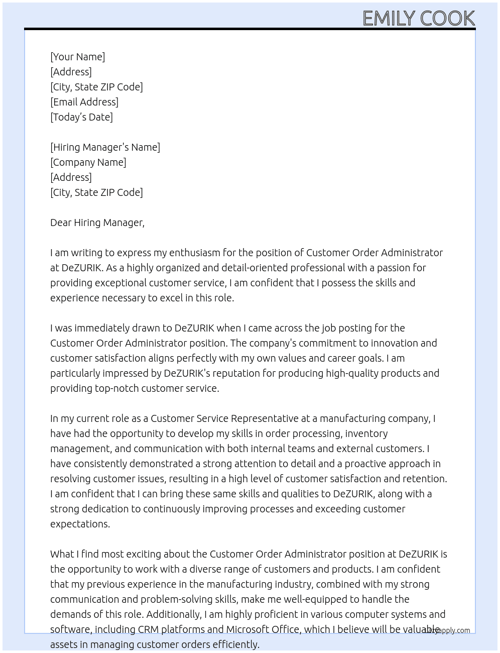 Cover letter for customer order administrator - LazyApply