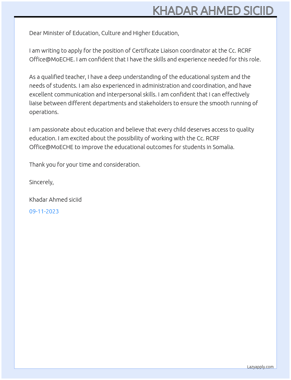 Certificate Liaison coordinator  At Cc. RCRF Office@MoECHE Cover Letter