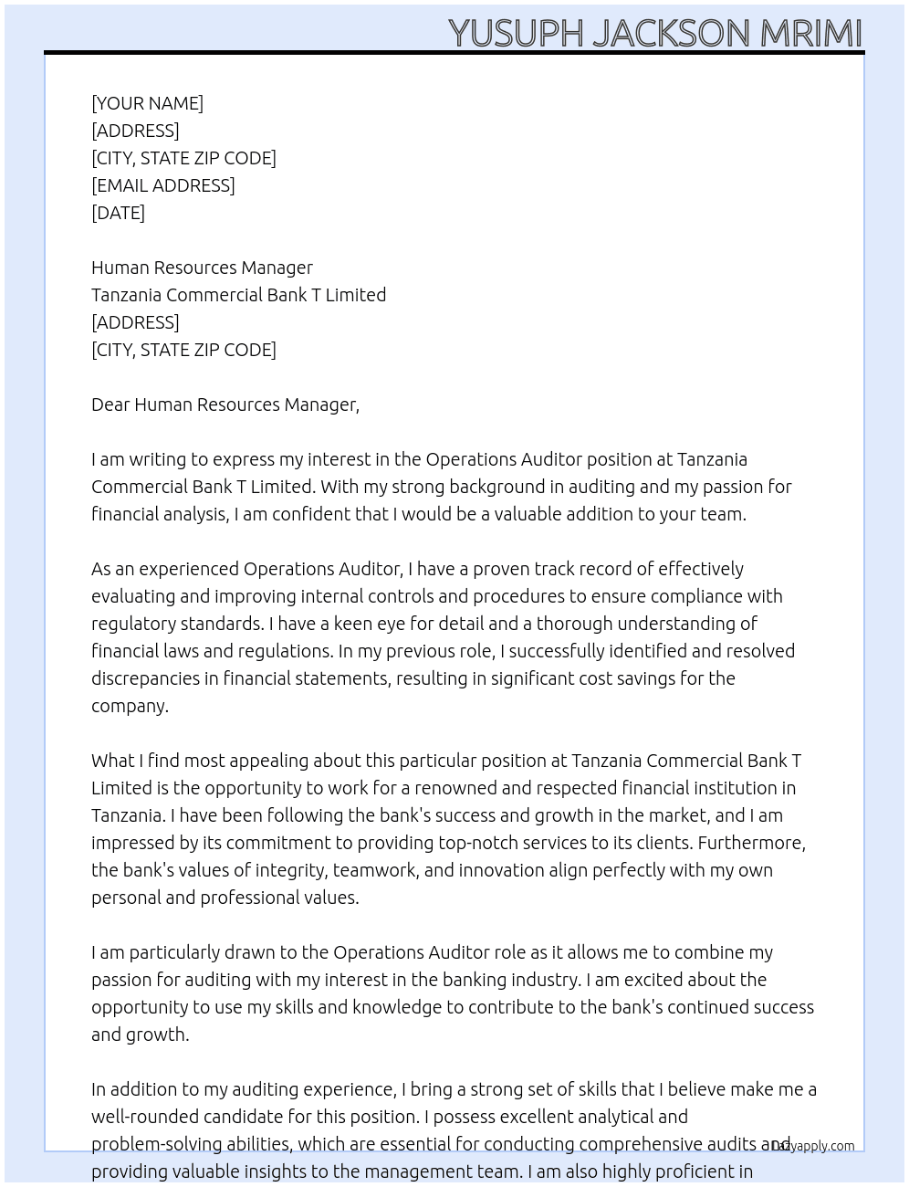 Operations Auditor At Tanzania Commercial Bank T Limited Cover Letter