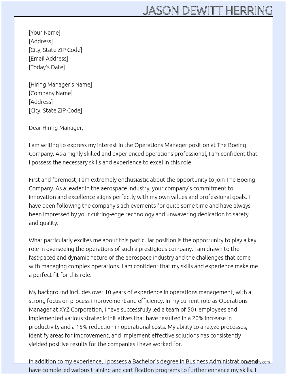 operations manager At The Boeing Company Cover Letter