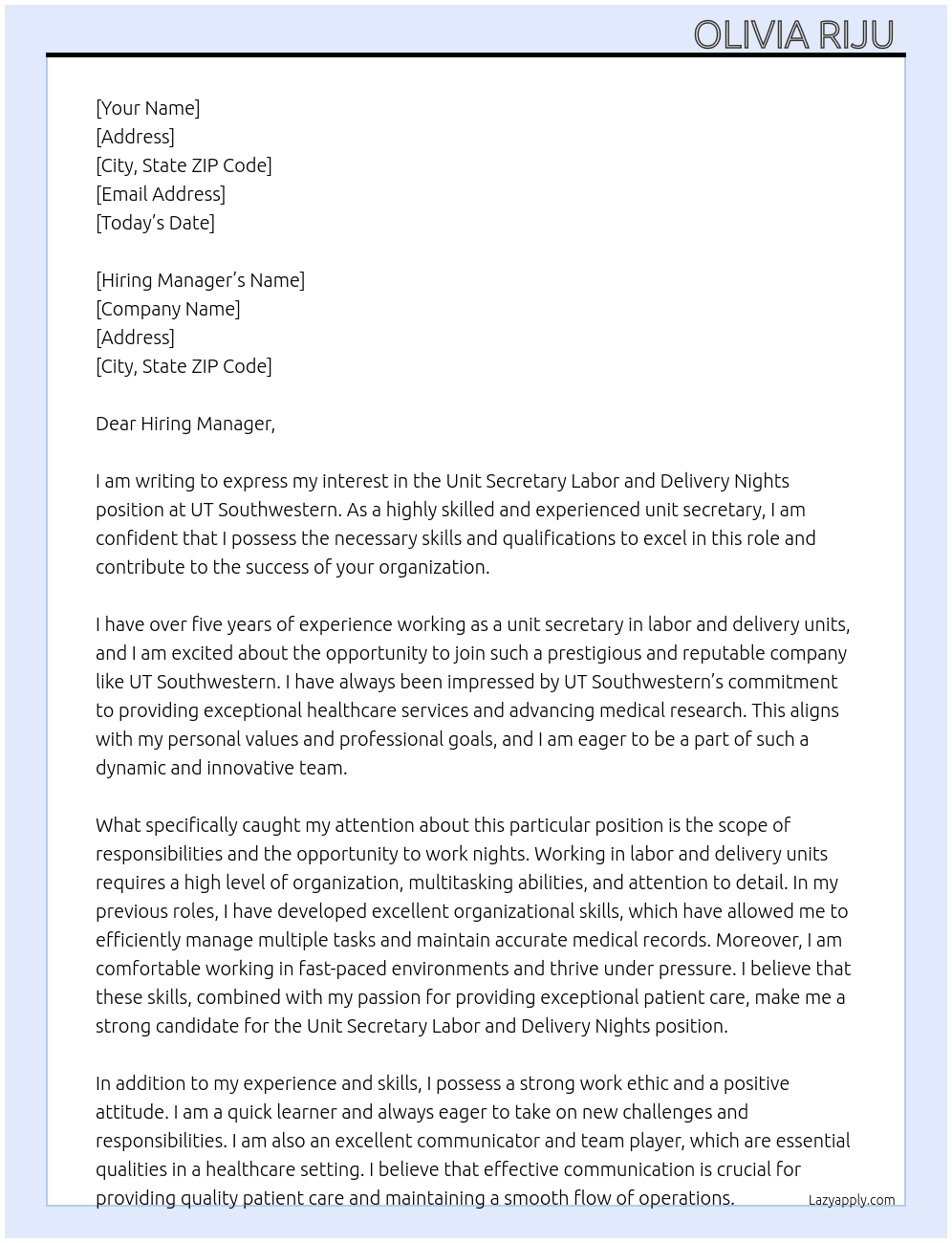 Unit Secretary Labor and Delivery Nights At UT Southwestern Cover Letter